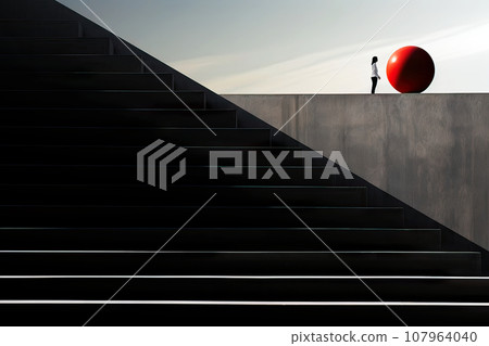Surreal Image of a Dark Ramp Next to a Grey Plain with a Red Sphere in Front of Which a Woman Stands 107964040