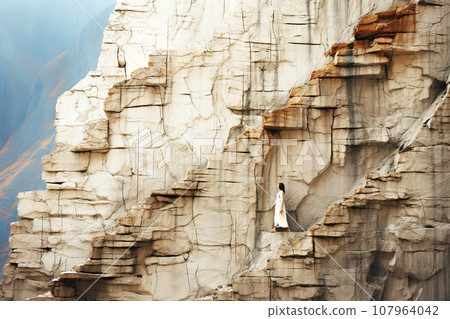Surreal Image of a Massive Marble Wall with Orthogonal Rock Formation, on Which a Woman in a Long White Dress with Black Hair Stands 107964042