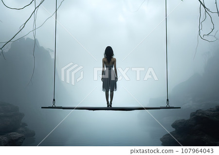 Back View of a Woman in a Light Dress on a Large Free-Hanging Swing in the Blue Haze Overlooking a Lake Amidst Rocks Back View of a Woman in a Light Dress on a Large Free-Hanging Swing in the Blue Haze Overlooking a Lake Amidst Rocks 107964043