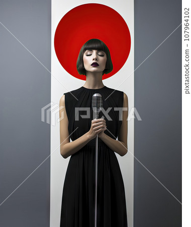 Woman with Bob Haircut and Black Dress with Microphone in front of a Red Circle Resembling the Japanese Flag 107964102