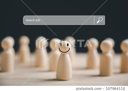 Job search concept, Wood figure represents an employee leader in business hiring and recruitment. Find your career, HR management. People searching for vacancies or positions online. 107964118