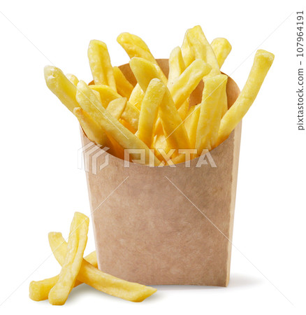 Potato fry in the package and scattered close-up on a white. Isolated 107964191