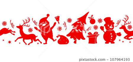 Christmas pattern with silhouettes of Santa Claus, reindeer and snowman on a white background. Christmas background Christmas pattern with silhouettes of Santa Claus, reindeer and snowman on a white background. Christmas background 107964193