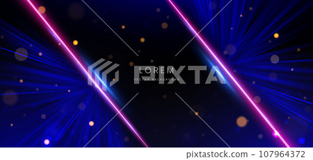 Abstract technology futuristic neon neon glowing blue and pink light lines with speed motion blur effect on dark blue background. Abstract technology futuristic neon neon glowing blue and pink light lines with speed motion blur effect on dark blue background. 107964372