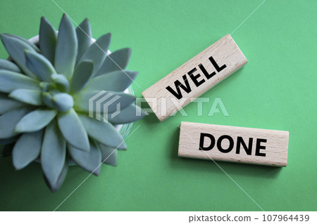 Well done symbol. Wooden blocks with words Well done. Beautiful green background with succulent plant. Business and Well done concept. Copy space. Well done symbol. Wooden blocks with words Well done. Beautiful green background with succulent plant. Business and Well done concept. Copy space. 107964439