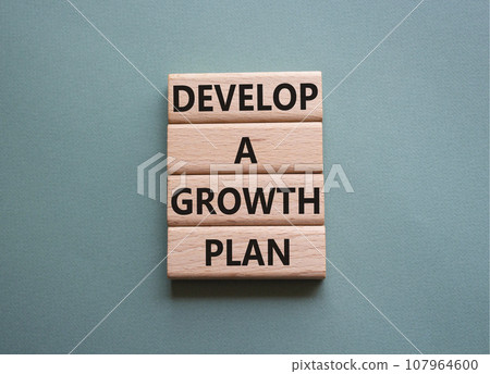 Develop a growth mindset symbol. Wooden blocks with words Develop a growth mindset. Beautiful grey green background. Business concept. Copy space 107964600