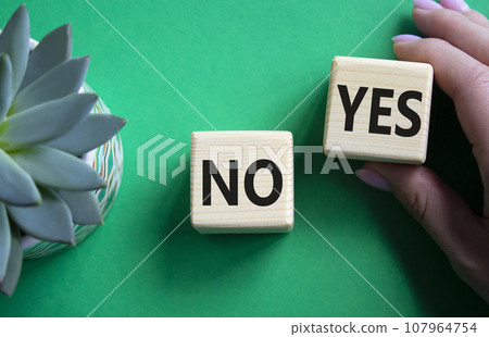 Yes vs No symbol. Businessman hand is making a choice between YES and No symbol. Beautiful green background with succulent plant. Business concept. Copy space. 107964754