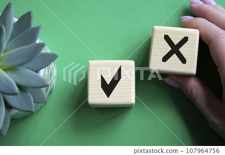 Yes vs No symbol. Businessman hand is making a choice between YES and No symbol. Beautiful green background with succulent plant. Business concept. Copy space. 107964756