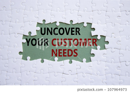 Customer Needs symbol. White puzzle with words Uncover your Customer Needs. Beautiful grey green background. Business concept. Copy space. 107964973