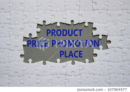 Product Price Promotion Place symbol. White puzzle with words Product Price Promotion Place. Beautiful grey background. Business concept. Copy space. Product Price Promotion Place symbol. White puzzle with words Product Price Promotion Place. Beautiful grey background. Business concept. Copy space. 107964977