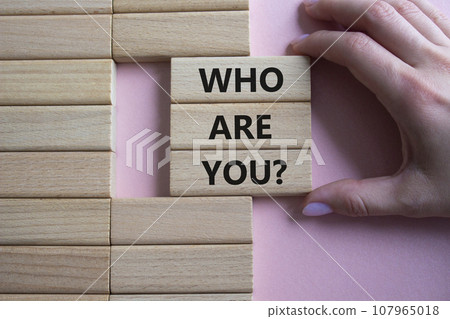 Who are You symbol. Concept words Who are You on wooden blocks. Businessman hand. Beautiful pink background. Business and Who are You concept. Copy space. 107965018