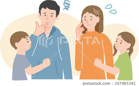 A family of young couples and children tilting their heads in worry A family of young couples and children tilting their heads in worry 107965391