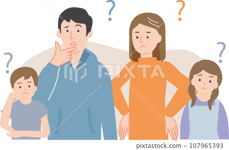 一對年輕夫婦和一個帶著孩子的家庭疑惑地歪著頭 107965393