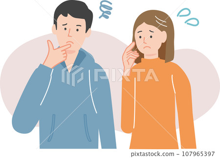 一對年輕夫婦憂心忡忡地歪著頭 一對年輕夫婦憂心忡忡地歪著頭 107965397