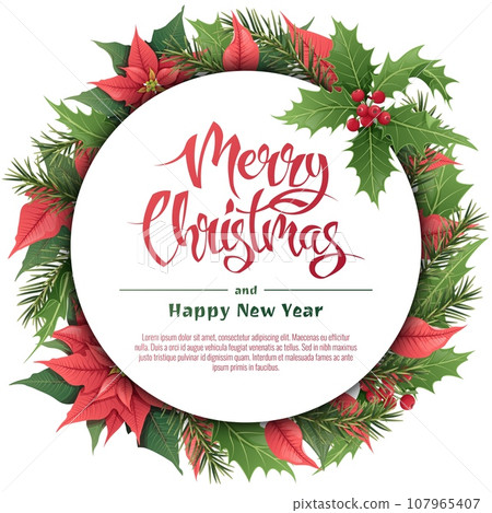 Christmas greeting card, with winter plants, poinsettia, holly berry, spruce, traditional symbol. Vignette, frame, on a white background for greeting card, invitation, banner, flyer 107965407