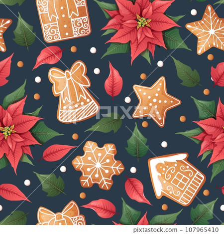 Seamless pattern with poinsettia and gingerbread cookies. Suitable for fabric, wrapping paper, wallpaper, background, textile, etc. 107965410