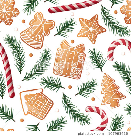 Seamless pattern with gingerbread, candy cane and fir branches. Suitable for fabric, wrapping paper, wallpaper, background, textile, etc. 107965416