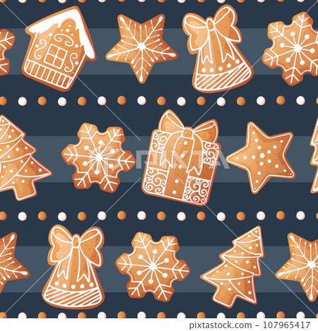 Seamless pattern with gingerbread house, gift, snowflake, fir tree. Suitable for fabric, wrapping paper, wallpaper, background, textile, etc. 107965417