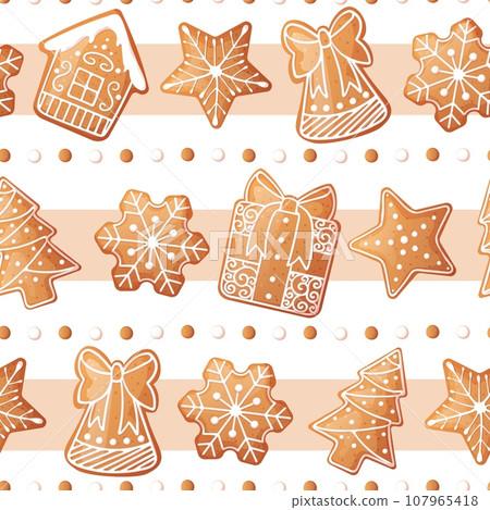 Seamless pattern with gingerbread house, gift, snowflake, fir tree. Suitable for fabric, wrapping paper, wallpaper, background, textile, etc. 107965418
