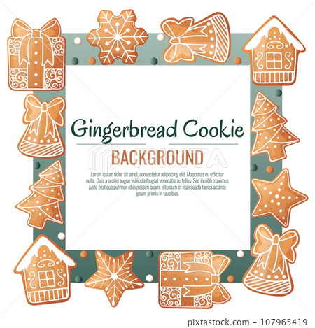 Christmas background with gingerbread house, gift, snowflake, fir tree. Greeting card with cookies in glaze. Flyer, banner poster for invitation 107965419