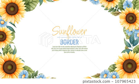 Banner template with sunflowers, blue daisies. Frame, banner with autumn wildflowers. Background with botanical elements. Banner template with sunflowers, blue daisies. Frame, banner with autumn wildflowers. Background with botanical elements. 107965423