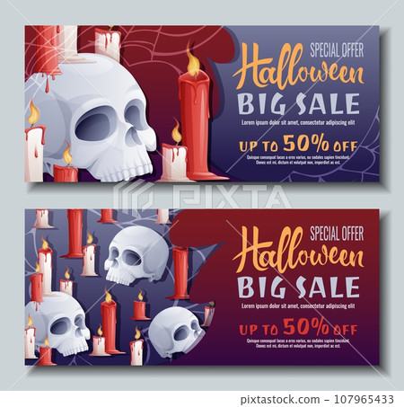 Set of discount banner templates with skull and candles. Halloween sale, discount voucher. Design of banner, poster, flyer, advertisement. 107965433