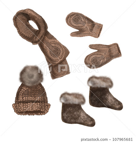 Winter elements hand drawn illustrations. Cute hat, scarf, mittens,boot, shoe. Warm winter symbols. 107965681