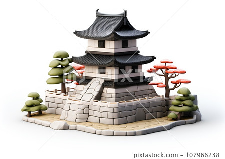 Cute Japanese castle in black and white (3D) 107966238