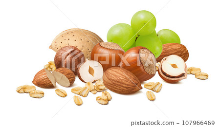 Hazelnuts and almonds in shell, green grapes and rolled oats isolated on white background Hazelnuts and almonds in shell, green grapes and rolled oats isolated on white background 107966469