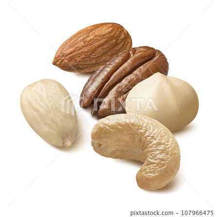 Blanched almond, cashew, pecan and macadamia nuts isolated on white background Blanched almond, cashew, pecan and macadamia nuts isolated on white background 107966475