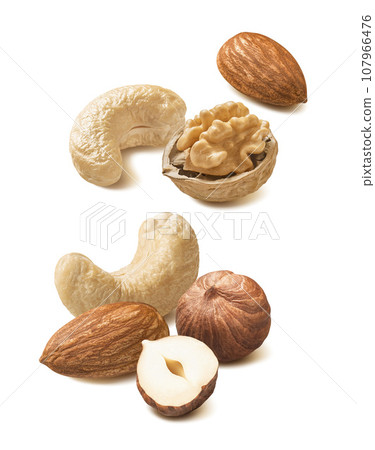 Walnut, cashew, almond, hazelnut nut set isolated on white background Walnut, cashew, almond, hazelnut nut set isolated on white background 107966476
