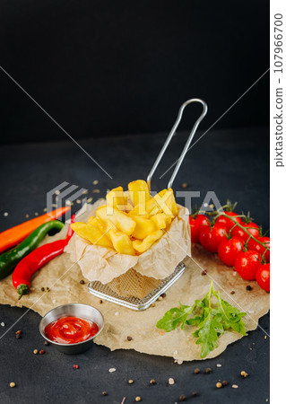 Tasty French fries served with diferent dip souces and vegetables on dark background 107966700