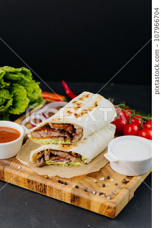 Turkish Doner Kebab on lavash with beef, fresh salad and vegetables lying on board with sauces 107966704