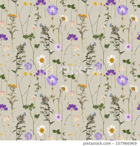 Beautiful floral seamless pattern with realistic wild herbs and flowers. Stock illustration. 107966969