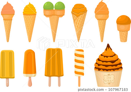 big kit ice cream popsicle different types in cone waffle cup 107967183