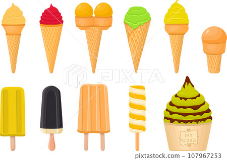 big kit ice cream popsicle different types in cone waffle cup 107967253