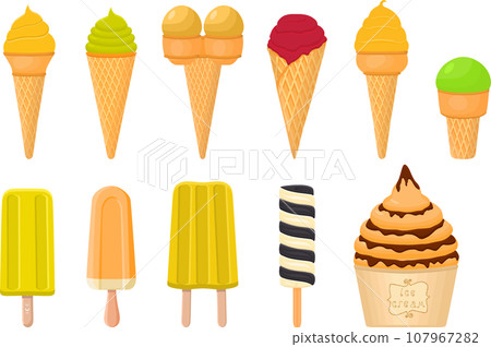 big kit ice cream popsicle different types in cone waffle cup 107967282