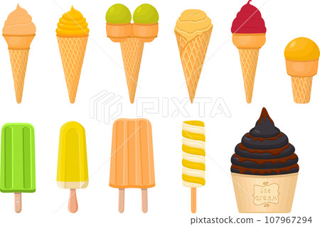 big kit ice cream popsicle different types in cone waffle cup 107967294