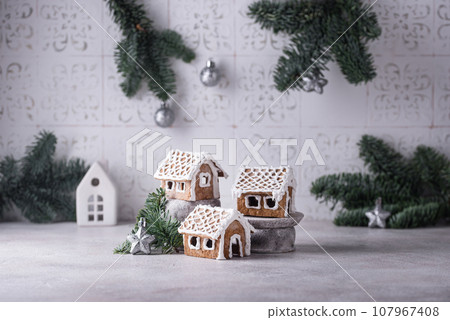 Christmas gingerbread house. Festive cookies. Christmas gingerbread house. Festive cookies. 107967408