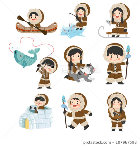 Set of inuits wearing traditional warm clothes Set of inuits wearing traditional warm clothes 107967598