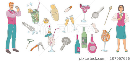 Male and female bartender with drinks, set elements about bar, cocktails, ice, corkscrew, shaiker, barman tools 107967656
