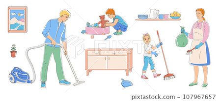 Happy parents with children cleaning rooms. Family working together. Happy parents with children cleaning rooms. Family working together. 107967657