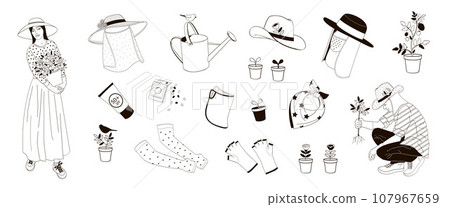 woman with flowers pot and man in a protective hat, set elements about protective measures against the solar radiation and UV ultraviolet during gardening woman with flowers pot and man in a protective hat, set elements about protective measures against the solar radiation and UV ultraviolet during gardening 107967659