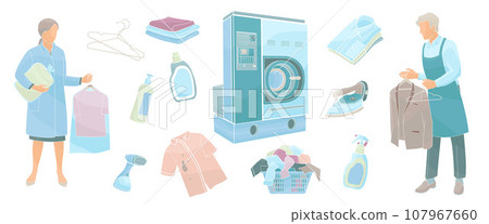 dry Cleaning and laundry service staff on white background in uniform and set elements about dry cleaning, color vector illustration dry Cleaning and laundry service staff on white background in uniform and set elements about dry cleaning, color vector illustration 107967660