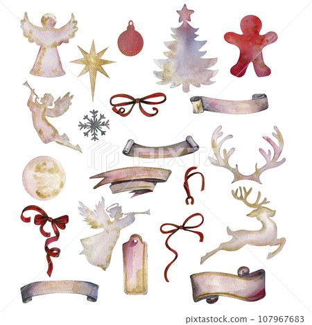 Christmas silhouette of angels and deer. Watercolor Christmas hand drawn illustration of ribbons, bows and stickers for cards, backgrounds, scrapbooking and your design.Perfect for wedding invitation. Christmas silhouette of angels and deer. Watercolor Christmas hand drawn illustration of ribbons, bows and stickers for cards, backgrounds, scrapbooking and your design.Perfect for wedding invitation. 107967683