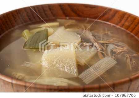 Beef radish soup on a white background 107967706