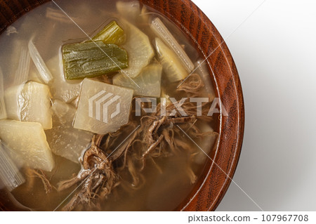 Beef radish soup on a white background 107967708