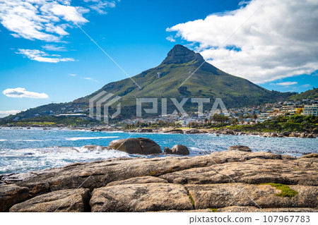 Aerial view of Llandudno beach in Cape Town, South Africa 107967783
