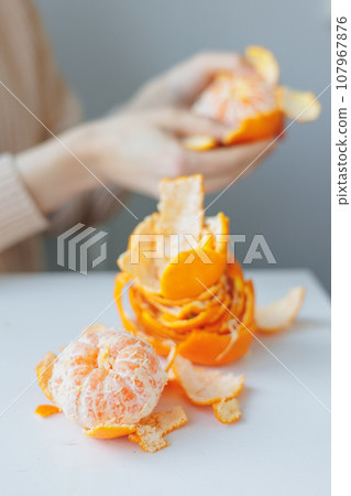 European woman cleans tangerines with her hands at home. citrus vitamins to boost immunity European woman cleans tangerines with her hands at home. citrus vitamins to boost immunity 107967876
