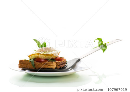 Prepared toast sandwich with fried egg with spices and herbs. Prepared toast sandwich with fried egg with spices and herbs. 107967919